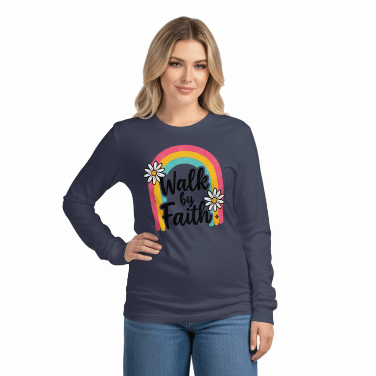 Unisex Long Sleeve Tee in heather with "Walk By Faith" design, rainbow and daisies, perfect for casual or polished looks.