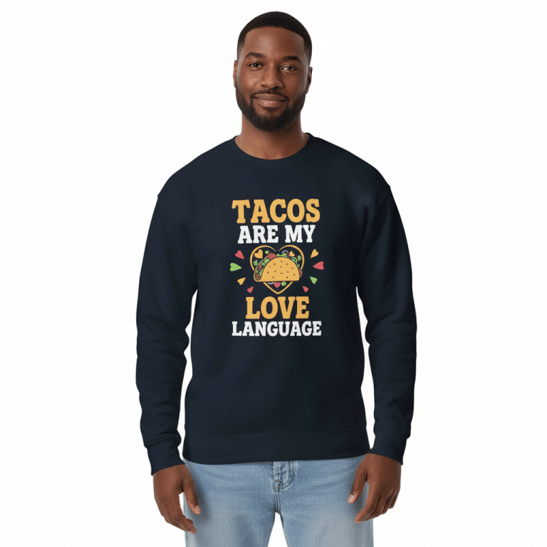 Unisex Premium Sweatshirt in Charcoal Heather with "Tacos Are My Love Language" graphic, soft fleece interior, stylish comfort.