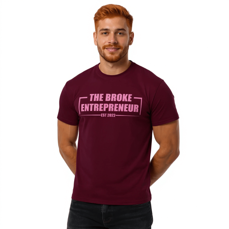 Burgundy unisex classic tee "The Broke Entrepreneur," made from 100% cotton, stylish, inspirational, perfect for casual wear.