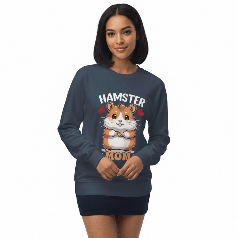 Unisex organic navy sweatshirt with hamster graphic, heart accents, cozy French terry knit, sustainable, stylish design.