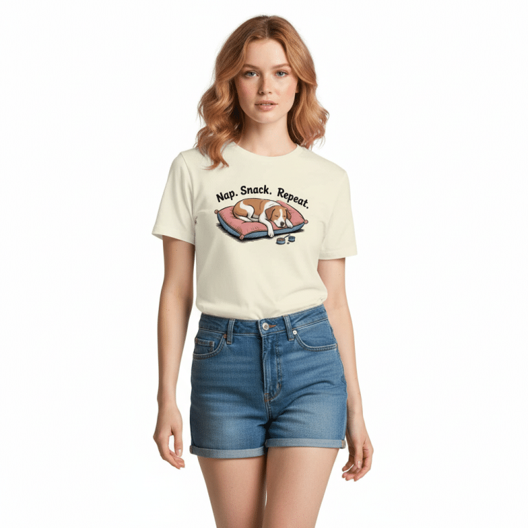 Unisex premium t-shirt in Marles color, featuring "Nap Snack Repeat" slogan, 100% combed cotton, regular fit, and crew neck.