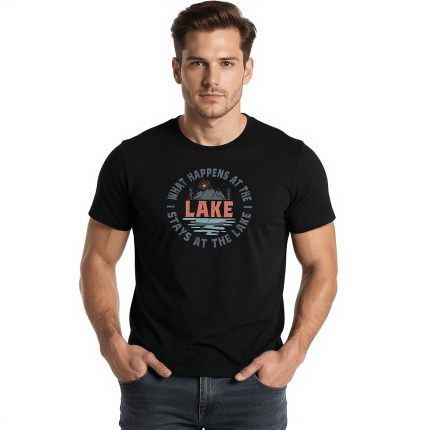 Unisex t-shirt in soft cotton with "What Happens At The Lake" print, perfect for casual wear and outdoor adventures.