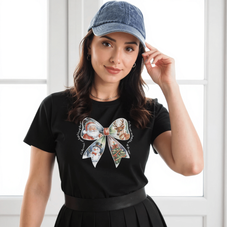 Women's crop top in festive red with a Christmas Bow design, relaxed fit, 100% combed cotton. Perfect for holiday celebrations.