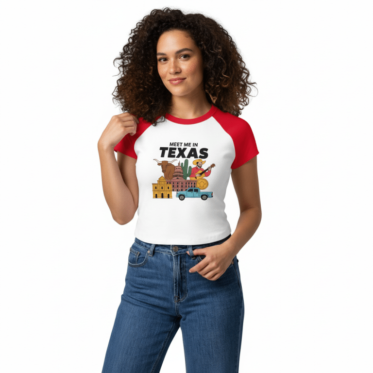 Women’s Micro Rib Raglan Baby Tee in red and white, fitted style with Texas print, perfect for casual outings and adventures.