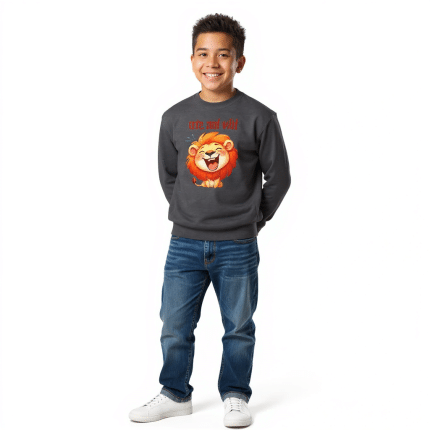 Youth crewneck sweatshirt in white with vibrant lion graphic, ultra-soft fleece, perfect for active kids and casual wear.