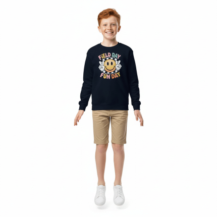 Youth crewneck sweatshirt in white, featuring soft fleece, breathable fabric, and regular fit for active kids. Perfect for adventures.