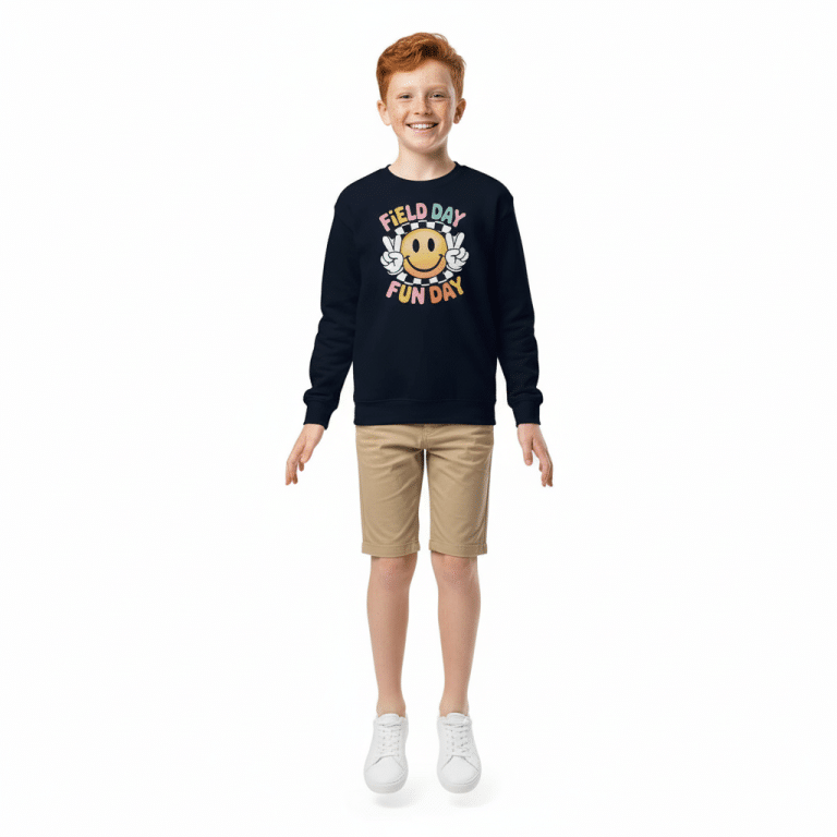 Youth crewneck sweatshirt in white, featuring soft fleece, breathable fabric, and regular fit for active kids. Perfect for adventures.