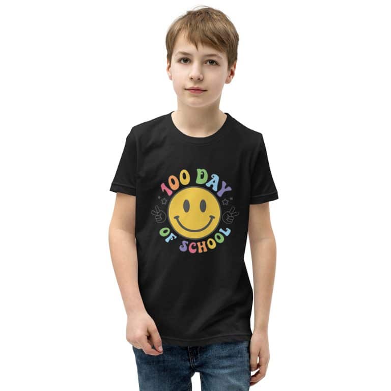 Youth Short Sleeve T-Shirt in vibrant colors celebrating 100 Days of School, made from soft cotton, unisex fit for kids.