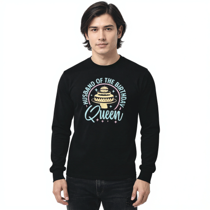 Men’s long sleeve shirt in Sport Grey, "Husband of The Birthday Queen," classic fit, 100% cotton, ideal for casual or business wear.
