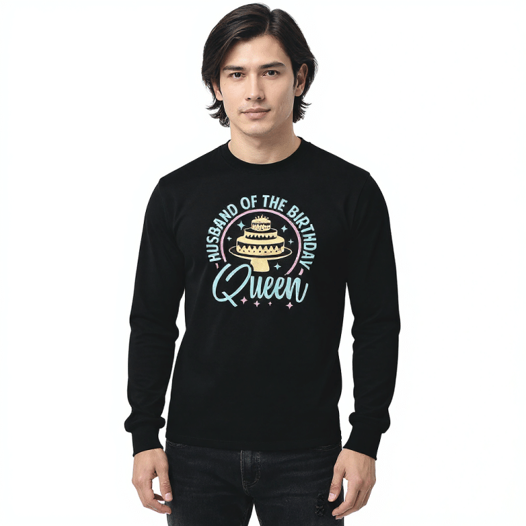 Men’s long sleeve shirt in Sport Grey, "Husband of The Birthday Queen," classic fit, 100% cotton, ideal for casual or business wear.