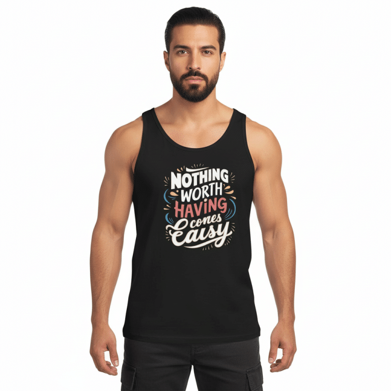 Men's tank top in black featuring "Nothing Worth Having Comes Easy" design, crafted from soft 100% cotton for comfort.