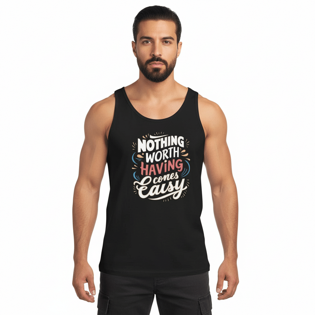 Men's tank top in black featuring "Nothing Worth Having Comes Easy" design, crafted from soft 100% cotton for comfort.