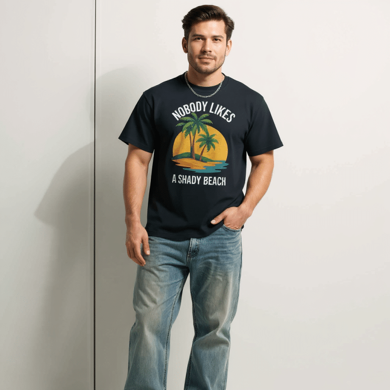 Men’s boxy tee in luxe cotton with "Nobody Likes A Shady Beach" design, oversized fit, and drop shoulder sleeves.