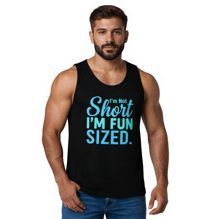 Men’s premium tank top in Charcoal Heather with "I'm Not Short" print, soft cotton, relaxed fit, and sleeveless design.