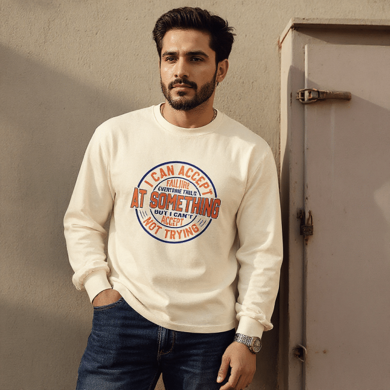 Premium heavyweight long sleeve shirt in relaxed fit, 100% cotton, "I Can Accept Failure" design, ideal for casual style.
