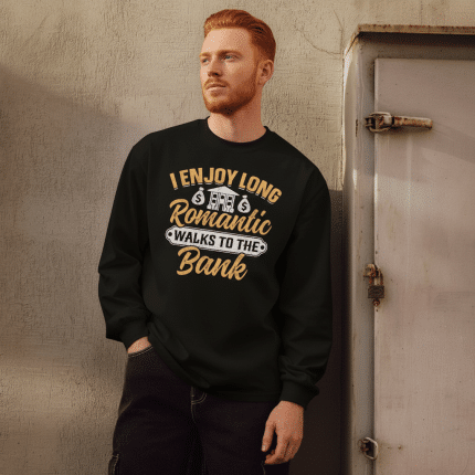 Premium heavyweight long sleeve shirt in black with graphic "I Enjoy Long Romantic Walks To The Bank" for casual style.