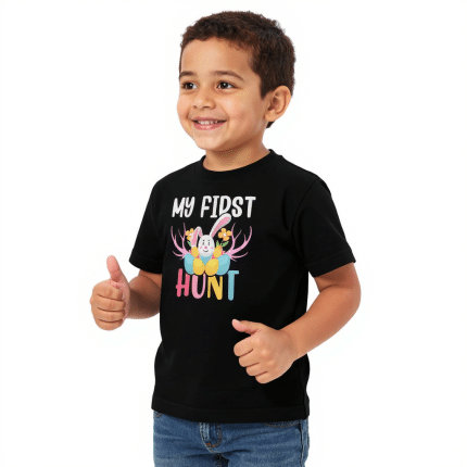 Toddler jersey t-shirt in ash color with "My First Hunt" print, soft cotton fabric, durable for adventures, perfect kids' wear.