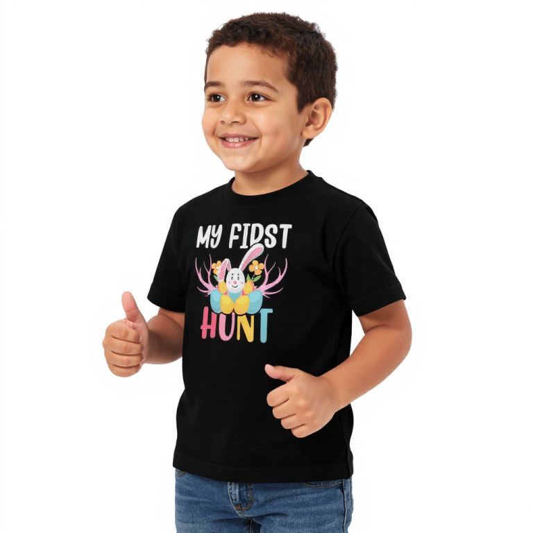 Toddler jersey t-shirt in ash color with "My First Hunt" print, soft cotton fabric, durable for adventures, perfect kids' wear.