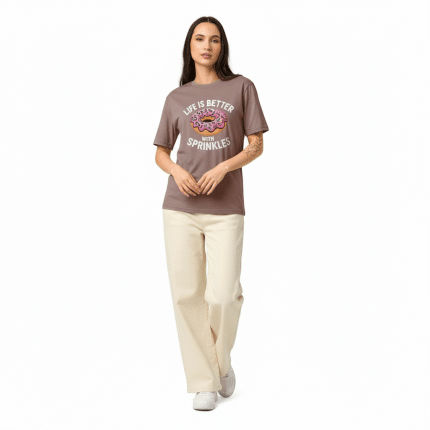 Unisex vintage-style garment dyed t-shirt in soft organic cotton, featuring "Life Is Better With Sprinkles" design, relaxed fit.