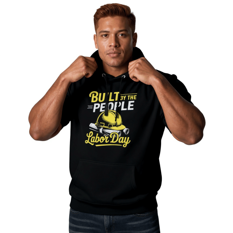 Unisex Labor Day hoodie in soft cotton blend, features front pouch pocket, 3-panel hood, streetwear style, classic design.