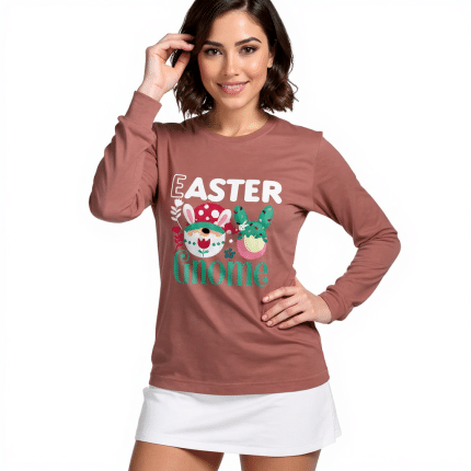 Unisex long sleeve tee featuring an Easter gnome design, crew neck, ribbed cuffs, and made from premium cotton blend.