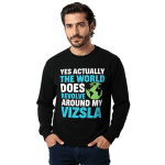 Unisex sweatshirt in white with "Yes Actually The World Does Revolve" print, classic fit, soft feel, ideal for colder months.