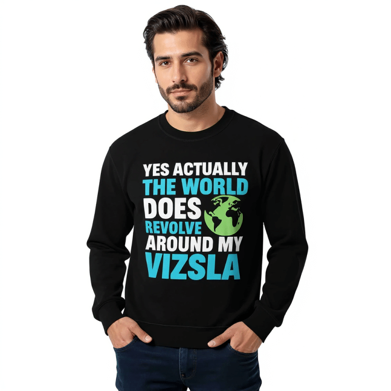 Unisex sweatshirt in white with "Yes Actually The World Does Revolve" print, classic fit, soft feel, ideal for colder months.