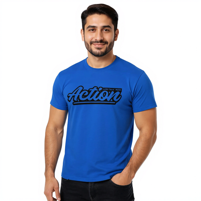 Unisex classic tee in Sport Grey, 100% cotton, "Less Talk More Action" graphic, trendy streetwear style, structured fit.