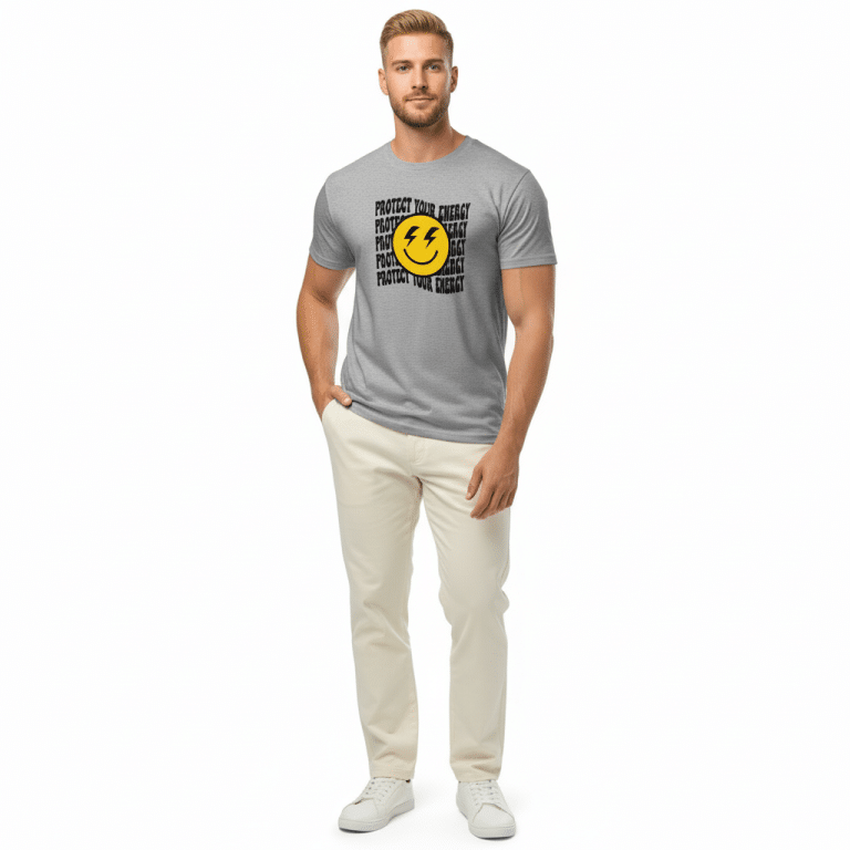 Unisex organic mid-light t-shirt in soft cream, featuring "Protect Your Energy" print, eco-friendly, stylish, and perfect for mid-season wear.
