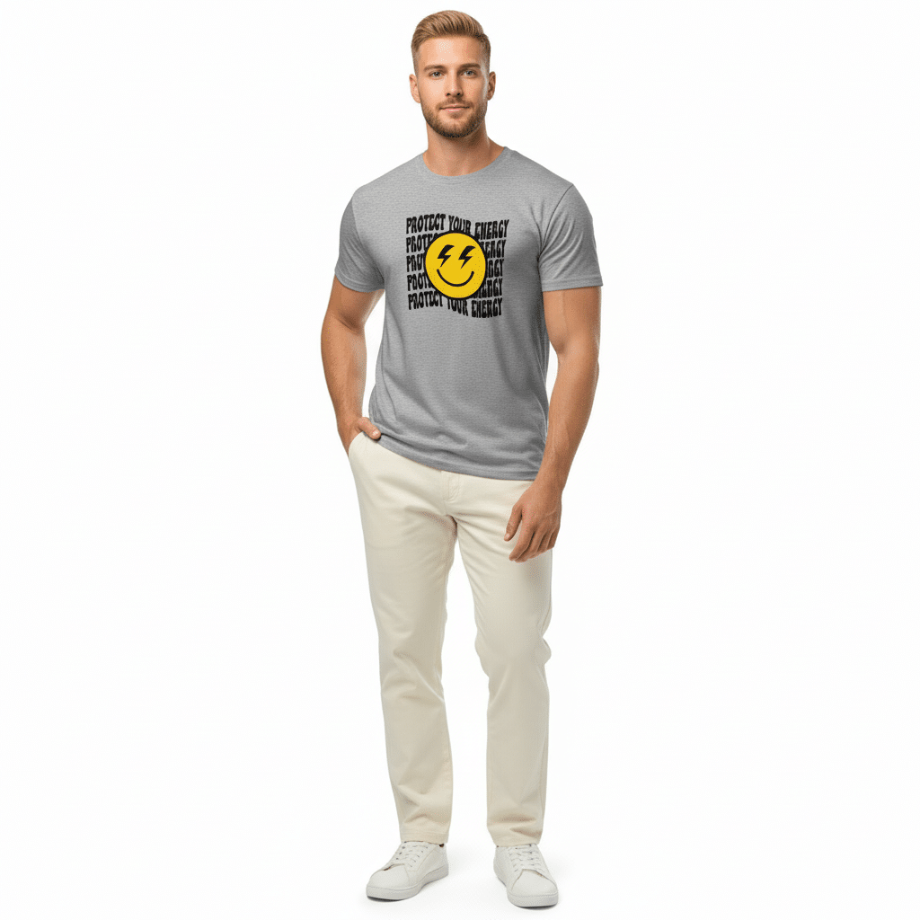 Unisex organic mid-light t-shirt in soft cream, featuring "Protect Your Energy" print, eco-friendly, stylish, and perfect for mid-season wear.