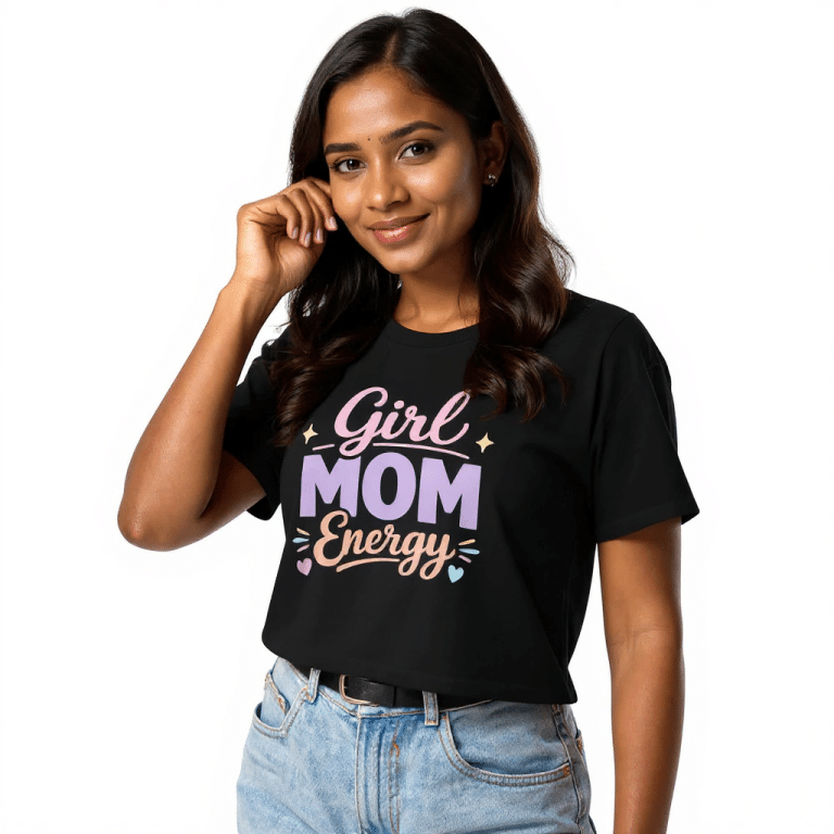 Women's cropped cotton top in heather grey featuring "Girl Mom Energy" print, relaxed fit, and dropped shoulders for comfort.