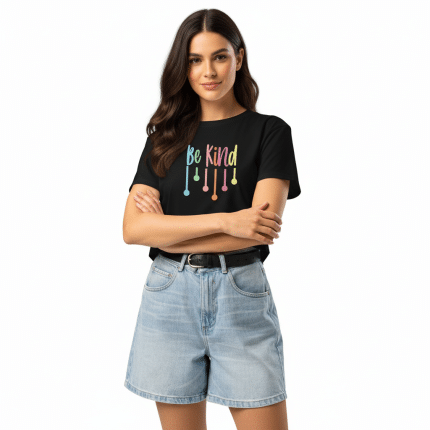 Women's Be Kind crop top, relaxed fit, 100% cotton, cropped length, heather gray, comfortable style for spring and summer.