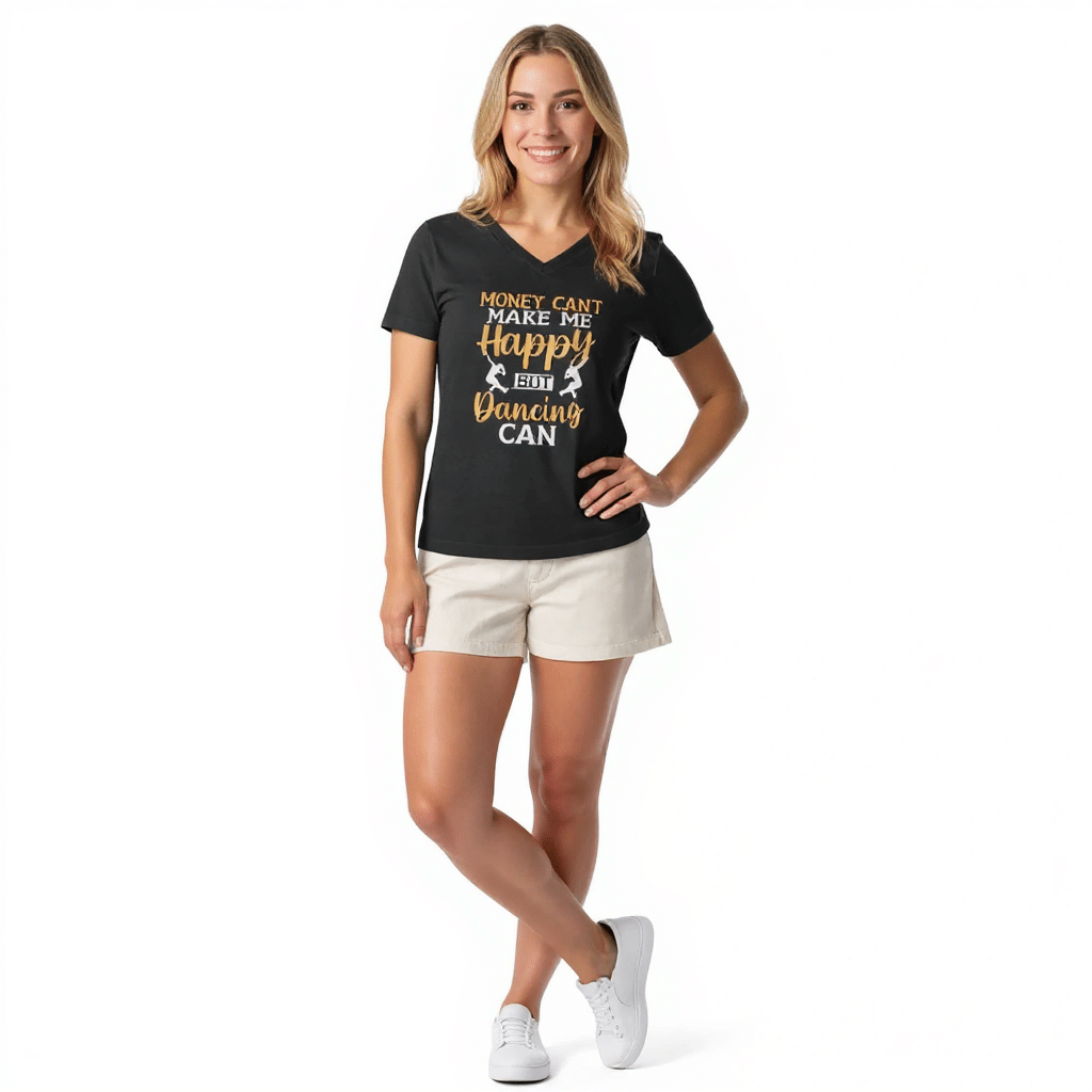 Women’s relaxed v-neck t-shirt in heather grey featuring "Money can't Make Me Happy" print, perfect for casual everyday wear.