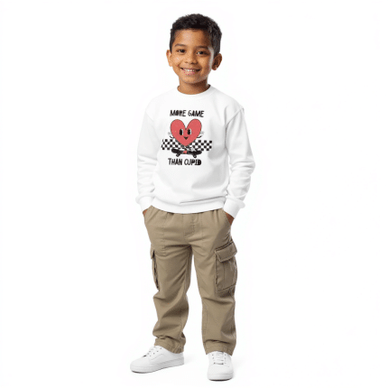 Youth crewneck sweatshirt in white with "More Game Than Cupid," cozy fleece, regular fit, perfect for adventures and lounging.