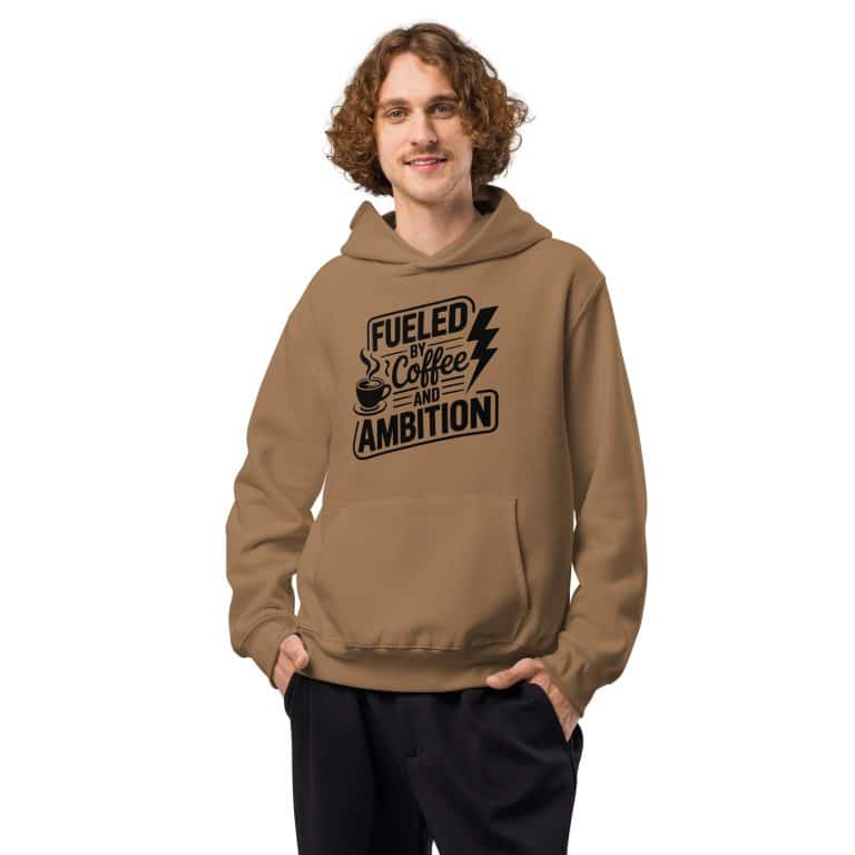 Oversized heavyweight hoodie in Coffee color, made from soft brushed fleece with no-drawcord hood and front pocket for snacks.