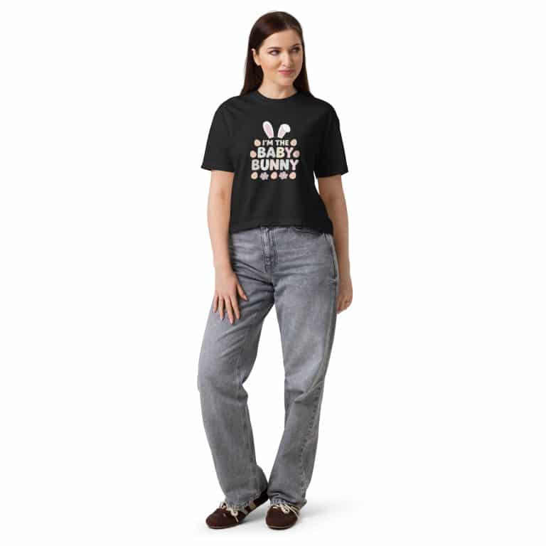 Women's heavyweight boxy tee in eco-friendly cotton, featuring 'I'm The Baby Bunny' design, perfect for casual style and comfort.