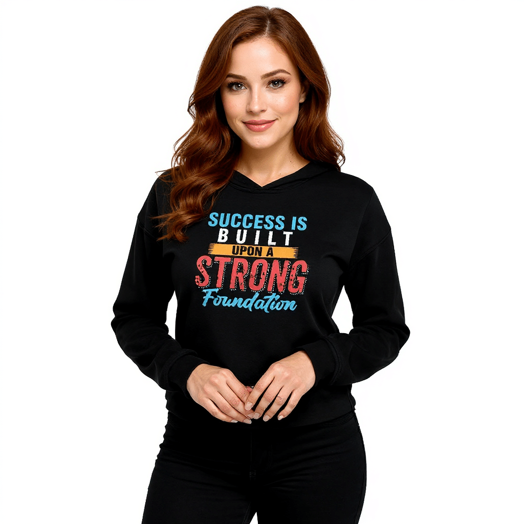 Crop_Hoodie_-_Success_Is_Built_Upon_A_Strong_found_realmodel_20260422_113115 Cropped hoodie in stylish gray with inspiring "Success Is Built Upon A Strong Foundation" print, features raw hem and drawstrings.