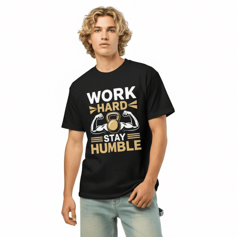 Men's boxy tee in black, featuring "Work Hard Stay Humble" slogan, oversized fit, drop shoulder sleeves, and ribbed collar.
