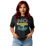 Unisex fitted t-shirt in black, made from a soft cotton-poly blend, featuring "No Excuses Just Results" print, perfect everyday staple.
