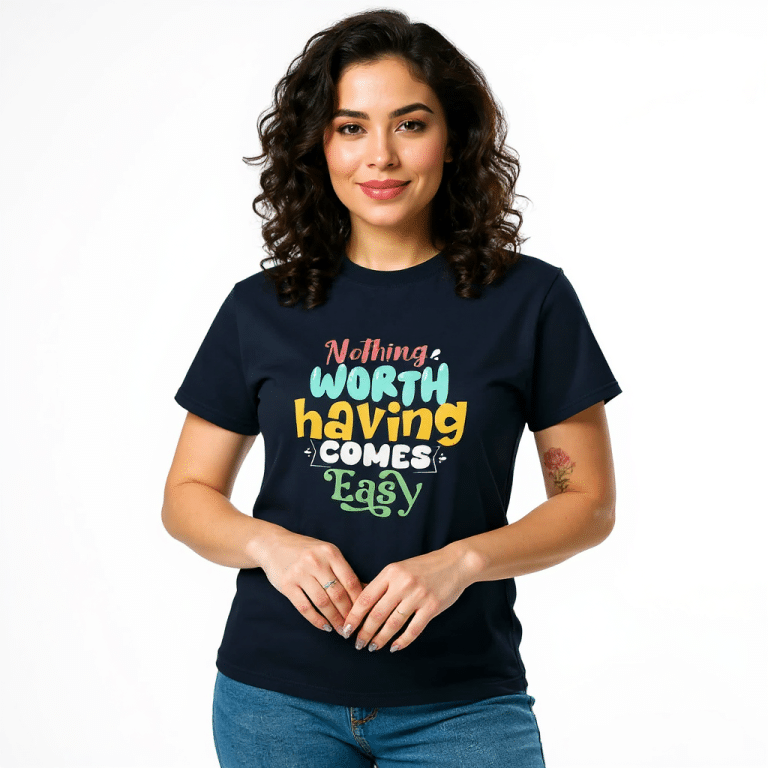 Unisex classic tee in sport grey featuring "Nothing Worth Having Comes Easy" slogan, made from 100% cotton for ultimate comfort.