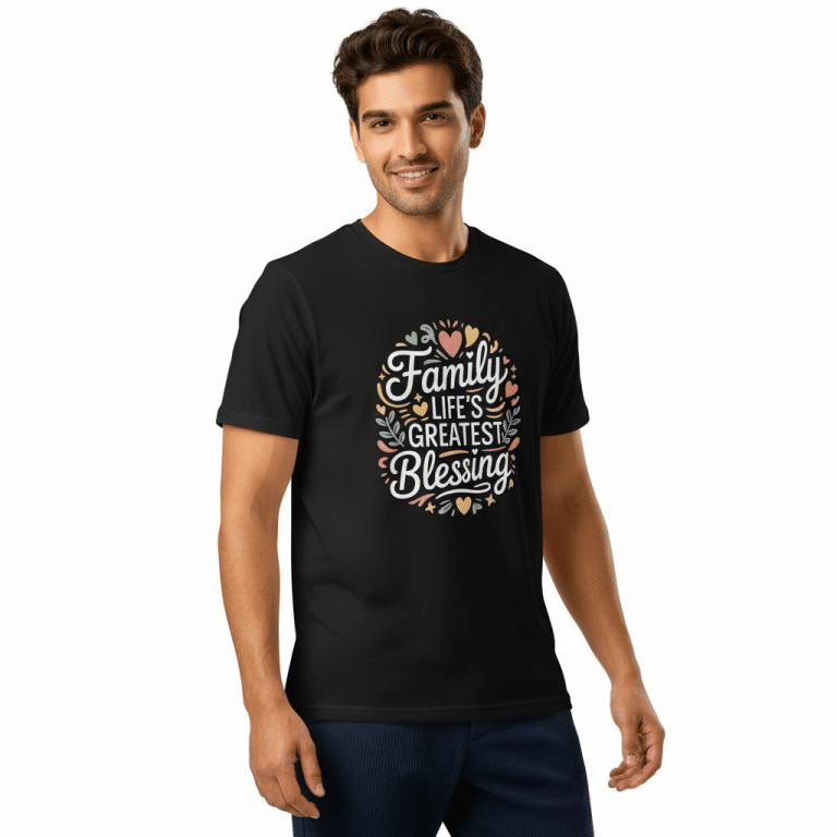 Unisex organic ribbed neck t-shirt in white, featuring "Family Life's Greatest Blessing" print, perfect for casual wear.