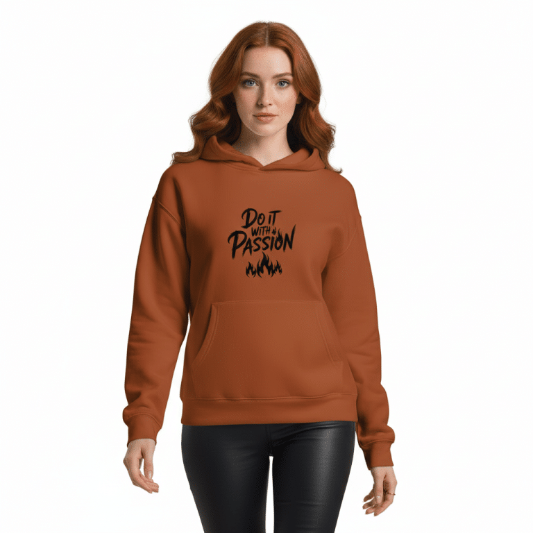 Unisex oversized hoodie in light grey with "Do It With Passion" print, featuring relaxed fit, kangaroo pocket, and stylish design.
