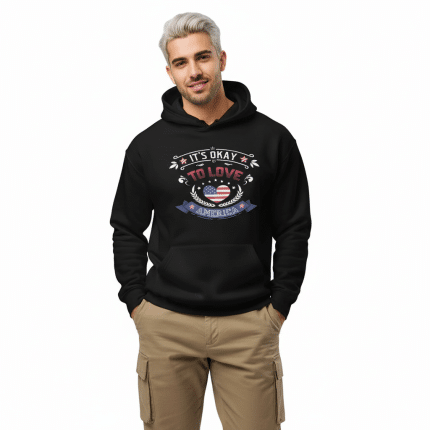 Unisex oversized hoodie in soft grey, "It's Okay To Love," perfect for layering with relaxed fit and kangaroo pocket.