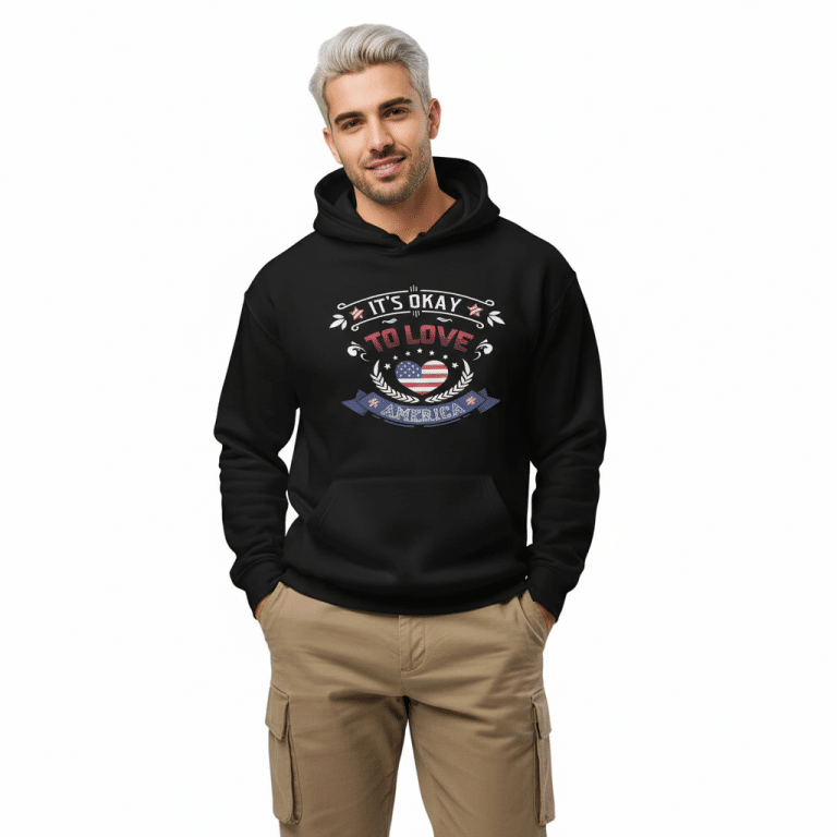 Unisex oversized hoodie in soft grey, "It's Okay To Love," perfect for layering with relaxed fit and kangaroo pocket.