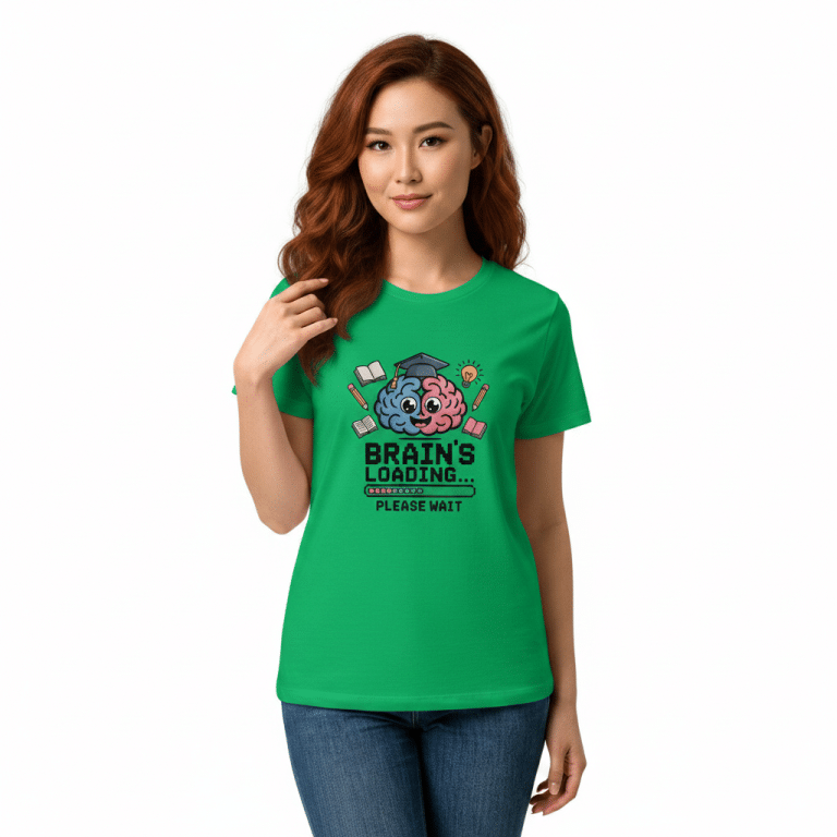 Women's semi-fitted softstyle t-shirt in ring-spun Sport Grey with "Brain's Loading Please wait" design, perfect for layering.