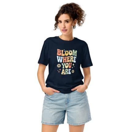 Organic unisex tee - "Bloom Where You Are" graphic, floral, light pink. #tshirt #organiccotton