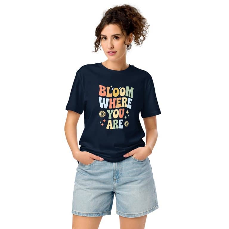 Organic unisex tee - "Bloom Where You Are" graphic, floral, light pink. #tshirt #organiccotton
