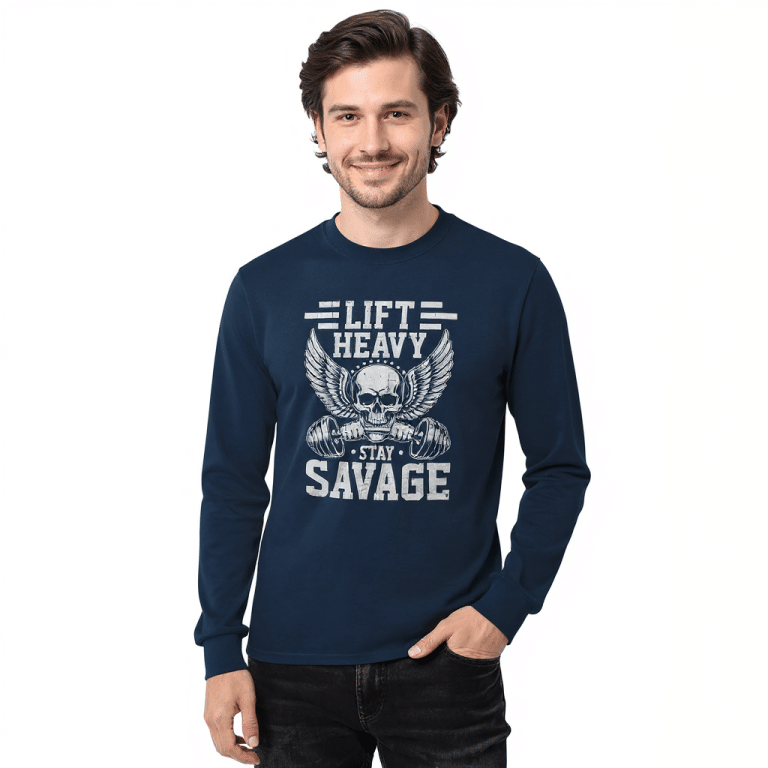 Men's long sleeve shirt in Sport Grey, featuring "Lift Heavy Stay Savage," classic fit, rib cuffs; perfect for casual or business wear.