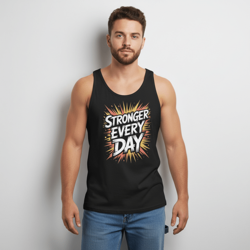 Men's tank top "Stronger Everyday," classic style, soft 100% cotton, versatile for workouts or casual wear.