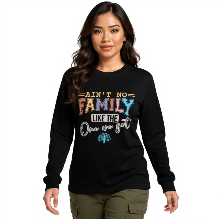 Unisex long sleeve tee in black, featuring "Ain't No Family Like The One We Got" text, crafted from soft cotton blend.